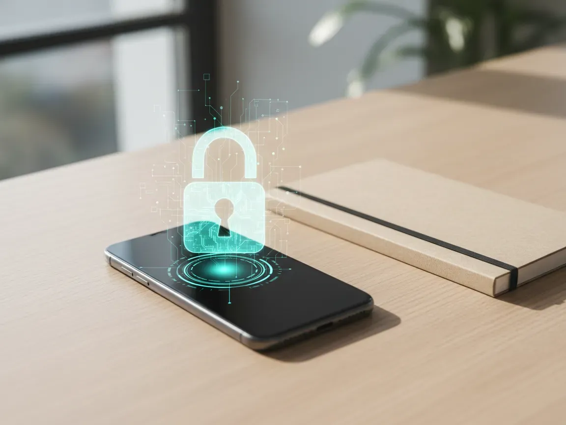Smartfon na drewnianym biurku obok notesu. Nad ekranem unosi się hologram kłódki symbolizujący bezpieczeństwo danych.