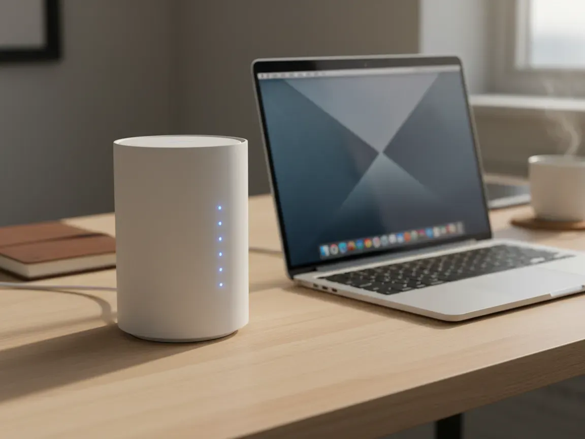 Nowoczesny router Wi-Fi z świecącymi kontrolkami na drewnianym biurku obok otwartego laptopa w przytulnym domowym biurze.